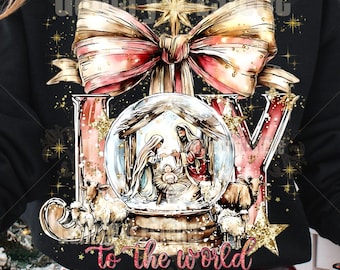 Escena de la Natividad "Alegría para el Mundo" PNG, Gráfico Cristiano Preppy, Sublimación Rosa Navideña, Diseño de Camiseta Navideña Coqueta