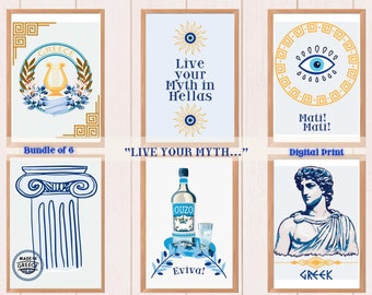 Greek Wall Art Set, Modern Mediterranean Home Decor, Hellenic Culture Prints, Greece Summer Vibes Digital Art
