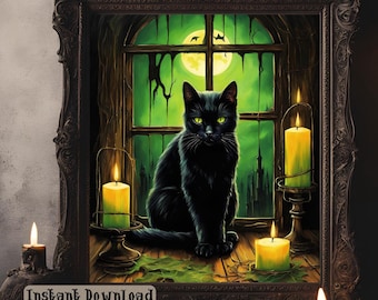 Black Cat Wall Art Print, Gothic Halloween Poster, Spooky Cat Decor, Dark Aesthetic Digital Art