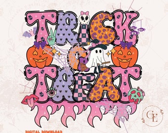 Retro Trick or Treat PNG, Funny Spooky Graphic, Coquette Halloween Shirt Design