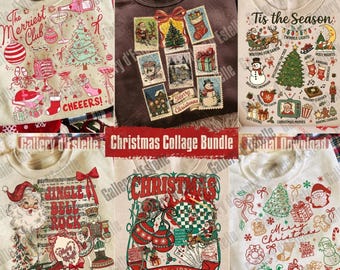 Puede incluir: Una colección de seis sudaderas con varios estampados gráficos de temática navideña, que incluyen ilustraciones de Santa Claus, árboles de pino decorados, muñecos de nieve, cajas de regalo y textos festivos como The Merriest Club.