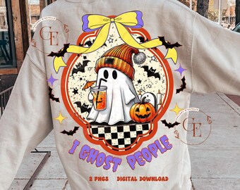 May include: Cream-colored sweatshirt featuring a Halloween-themed graphic. The design includes a cartoon ghost wearing a beanie and holding a drink, a jack-o'-lantern, bats, and the text "I Ghost People".