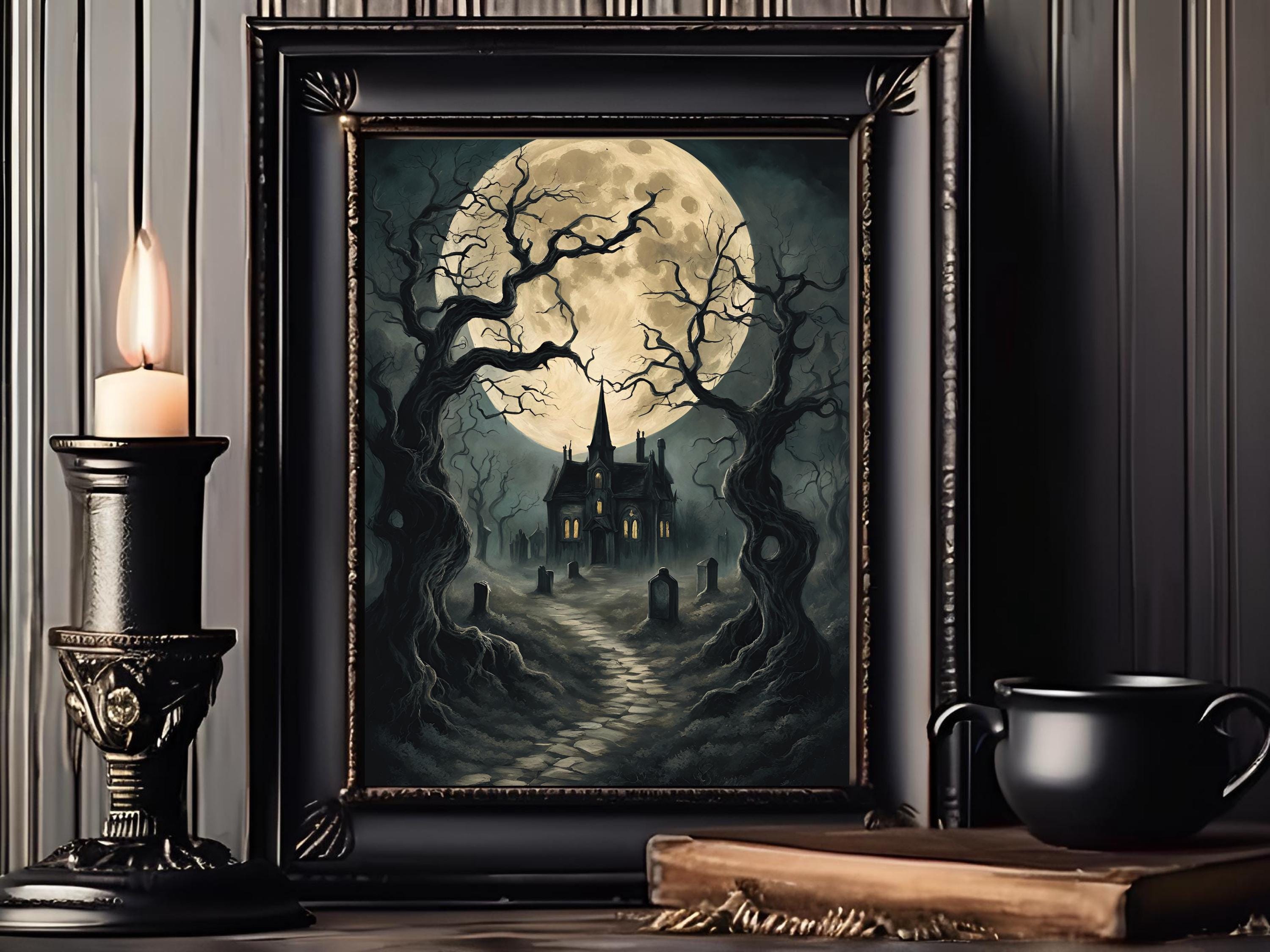 Haunted Castles Art Set, Victorian Gothic Halloween Decor, Dark