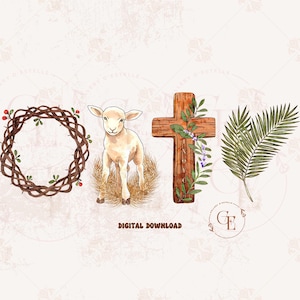 Verdadera Pascua PNG / Cordero religioso, corona, cruz, arte de palma / Diseño de fe cristiana / Él ha resucitado / Perfecto para camisetas de moda y regalos considerados