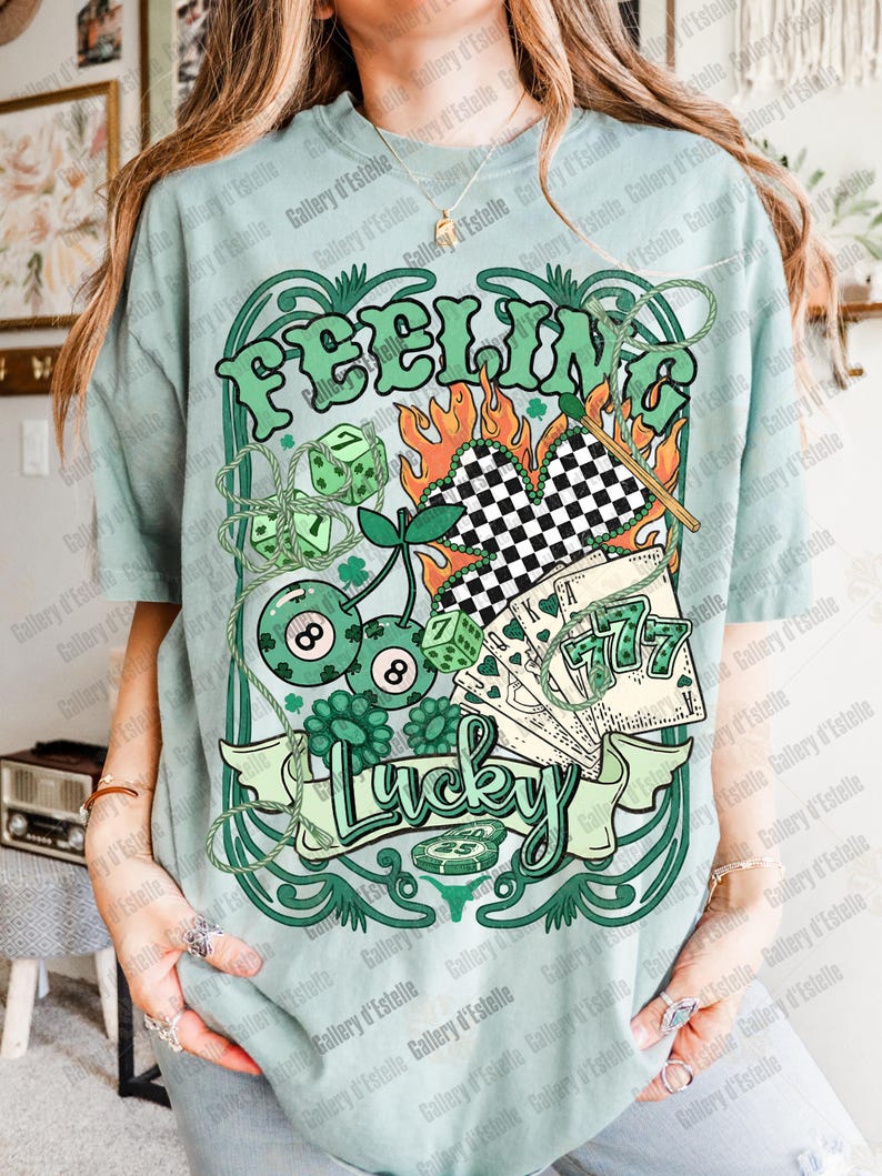 Feeling Lucky PNG, Retro Western Casino Collage, Cowboy Rodeo Graphic, Edgy St Patrick’s Day Shirt Design image 9