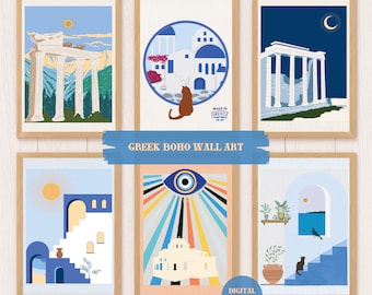 Greek Boho Wall Art Set, Hellenic Culture Prints, Mediterranean Home Decoration