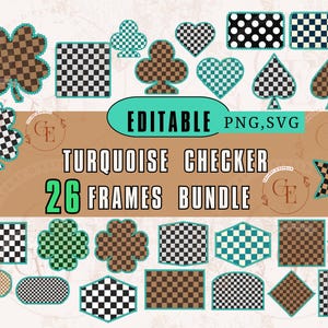 Turquoise Checker Frame Bundle |Editable Retro Checkered Borders PNG,SVG|Vintage Western Turquoise Frames for Sublimation & Digital Projects
