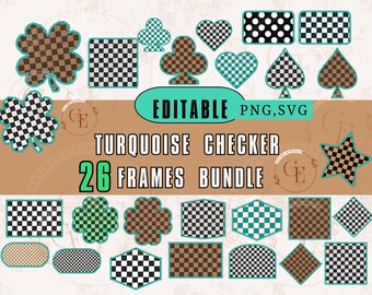 Türkis Checker Rahmen Bundle | Bearbeitbare Retro Karierte Grenzen PNG,SVG |Vintage Western Türkis Rahmen für Sublimation & digitale Projekte