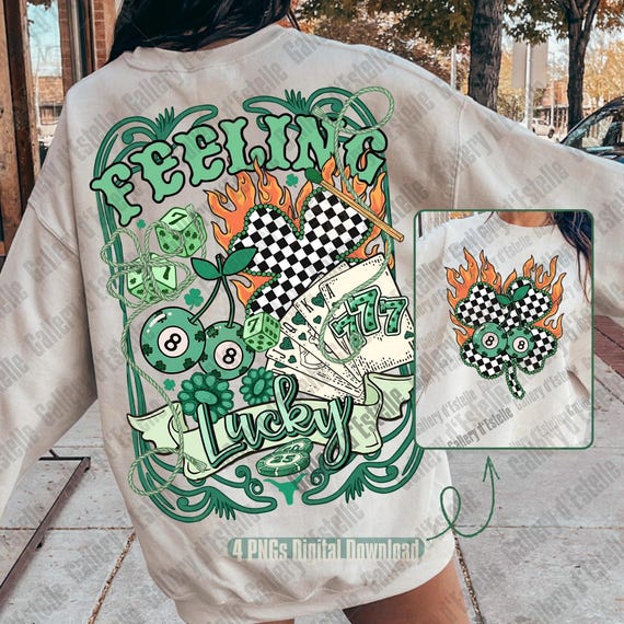 Feeling Lucky PNG, Retro Western Casino Collage, Cowboy Rodeo Graphic, Edgy St Patrick’s Day Shirt Design