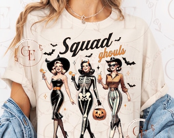 Squad Ghouls PNG, Retro Spooky Cowgirl Graphic, Sassy Witch Halloween Design, Sarcastic Skeleton Shirt Sublimation