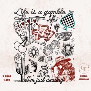La vita è un paese d'azzardo PNG / Western Casino Cowgirl Playing Cards PNG / Turquoise Checkered Spade Coquette Trendy Cowgirl Shirt Design
