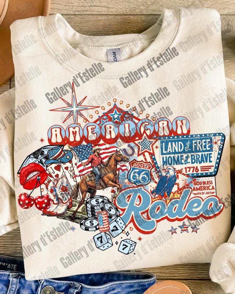 American Rodeo Western Collage PNG, Retro 4th of July Cowboy Casino Shirt Design image 6