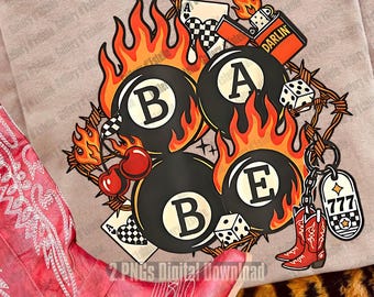 Western Fire Babe PNG, Retro Lucky Eightball Girl Graphic, Edgy Casino Flames Shirt Design, Trendy Rock Country Sublimation