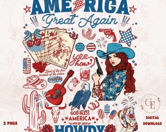 Patriotic Cowgirl Collage, Western 4th of July Graphic, Trendy Independence Day Shirt Design