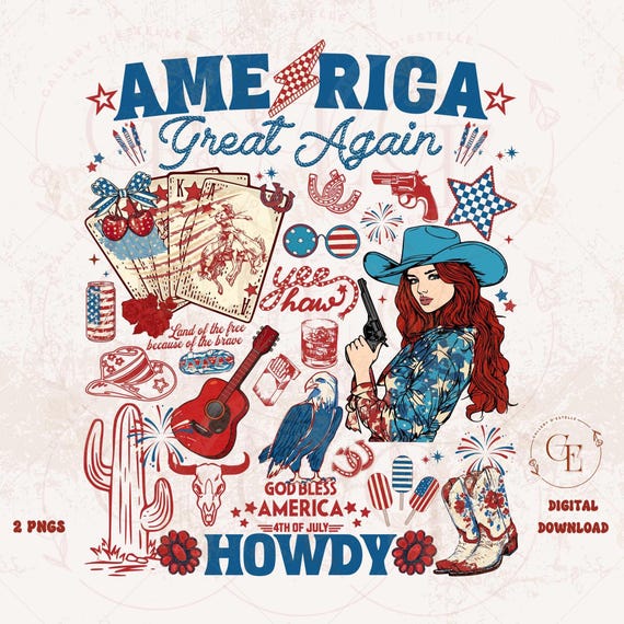 Patriotic Cowgirl Collage, Western 4th of July Graphic, Trendy Independence Day Shirt Design