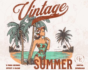 Vintage Sommer PNG, Retro Küsten Kokosnuss Mädchen Grafik, tropische Sommer Vibes Kunst, trendiges Strand Shirt Design