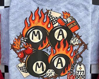 Western Fire Mama PNG, Retro Lucky Eightball Mom Graphic, Edgy Casino Flames Art, Trendy Country Shirt Design