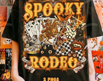 Fantasmagorie de rodéo western PNG, graphique de cow-boy squelette rétro, conception de chemise Halloween collage avant-gardiste