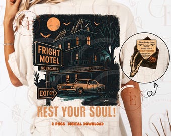 Spooky Fright Hotel PNG, Retro Halloween Hotel Grafik, Gothic Haunted Mansion Art, Trendy Horror Shirt Design