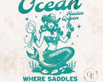 Ocean Rodeo Queen PNG, Retro Western Cowgirl Meerjungfrau Grafik, Küsten Mermaid Girl Country Shirt Design