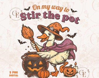 Drôle d'oie de sorcière PNG, graphique de sorcière d'Halloween rétro, conception de chemise graphique coquette Spooky Duck