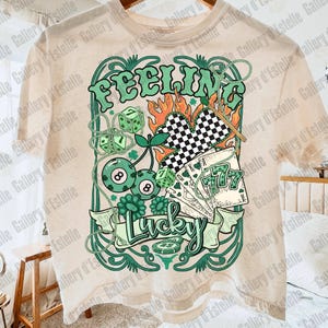 Feeling Lucky PNG, Retro Western Casino Collage, Cowboy Rodeo Graphic, Edgy St Patrick’s Day Shirt Design image 2