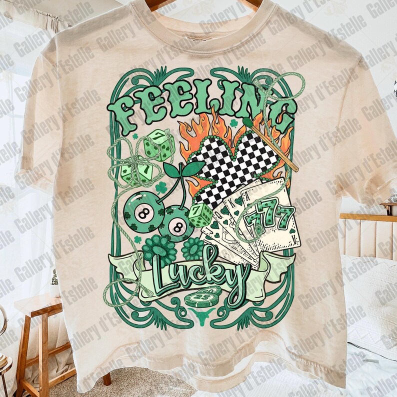 Feeling Lucky PNG, Retro Western Casino Collage, Cowboy Rodeo Graphic, Edgy St Patrick’s Day Shirt Design image 2