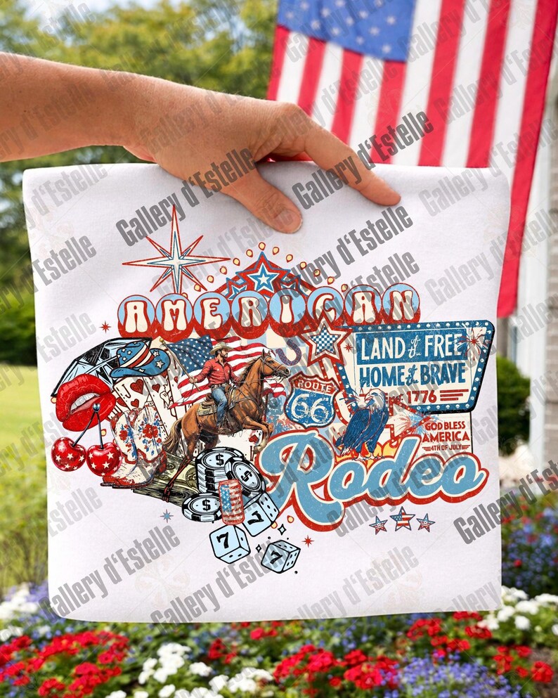 American Rodeo Western Collage PNG, Retro 4th of July Cowboy Casino Shirt Design image 8