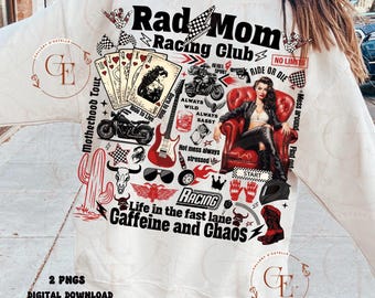 Collage PNG du Rad Mom Club, art de l'époque des mères de course, graphique de la tournée de la maternité, conception de chemise avant-gardiste pour maman rebelle