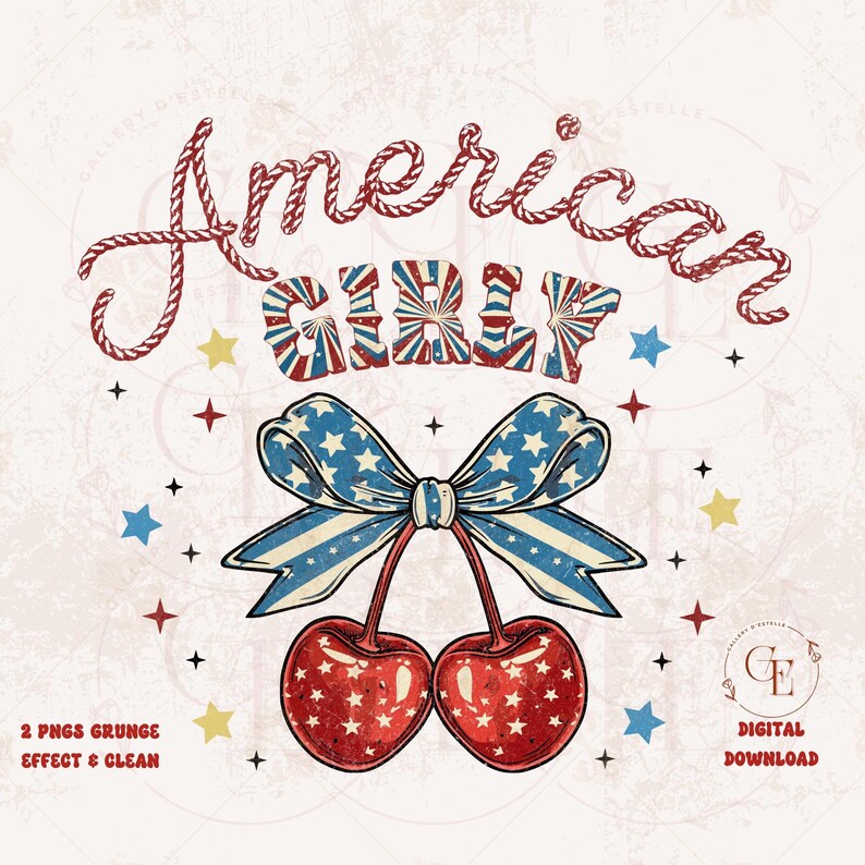 May include: Red, white and blue American Girl graphic with the text "American Girl" in a rope-like font and a red, white and blue bow with cherries.