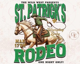 St. Patrick's Rodeo Western PNG, Vintage Lucky Cowboy Shamrock Graphic, Festive Country Shirt Design