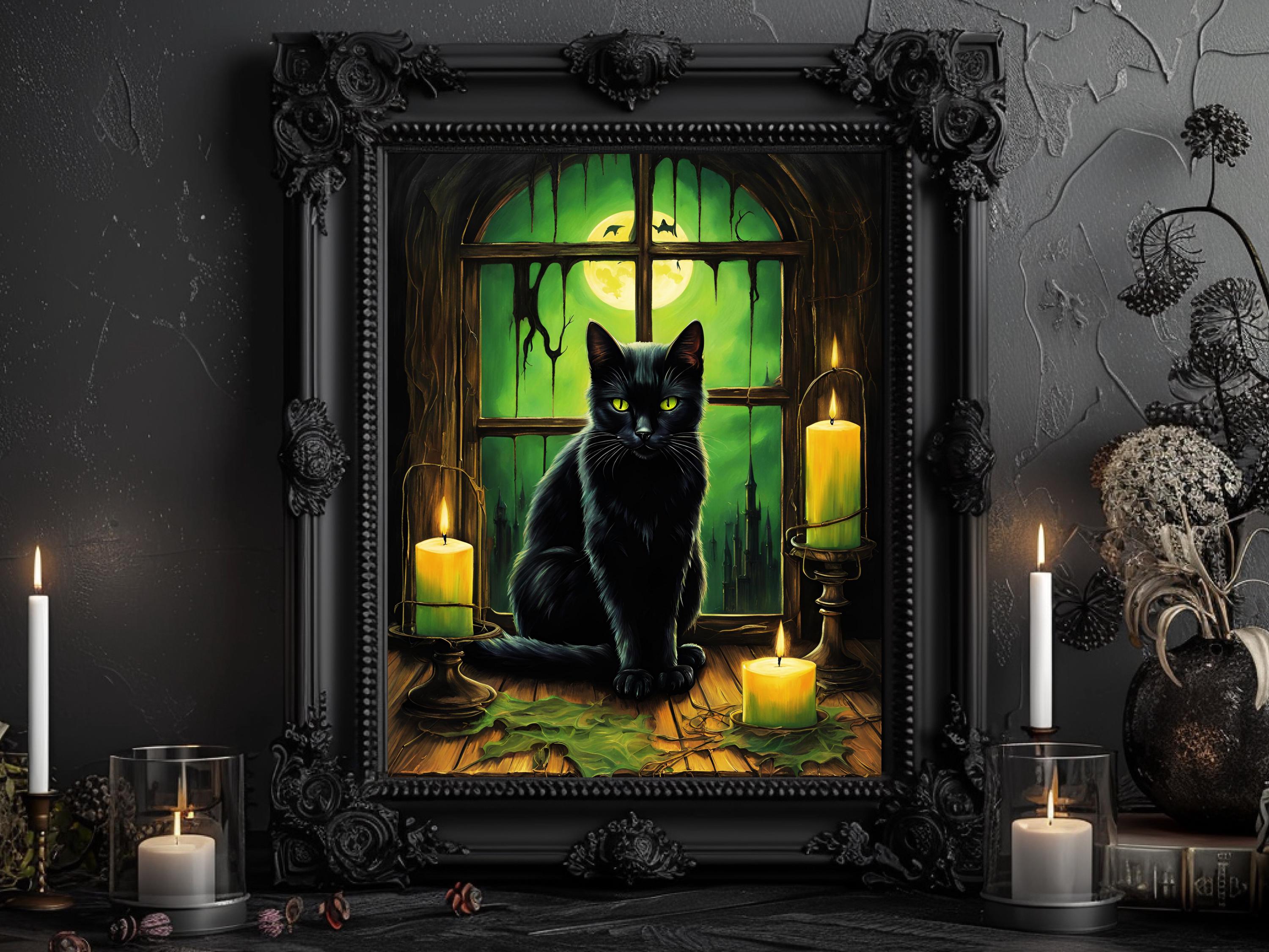 Black Cat Wall Art Print, Gothic Halloween Poster, Spooky Cat Decor ...