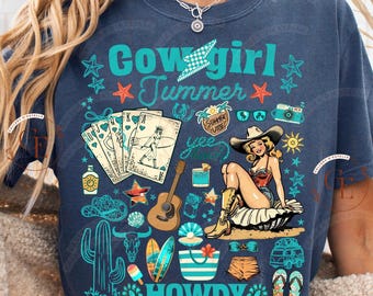 PNG de vaquera veraniega campestre, collage retro de chica costera del oeste, diseño de camiseta de sirena veraniega a la moda