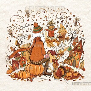 Op de afbeelding: Illustratie van een persoon die op een grote pompoen zit en een grillige stad bekijkt. De scène bevat een vogelverschrikker, een kalkoen en het woord "Thankful". Het kleurenpalet gebruikt warme herfsttinten.