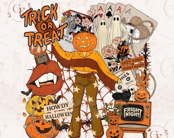 Howdy Halloween Collage PNG,  Retro Cowgirl Pumpkin Graphic, Western Spooky Fall Shirt Design