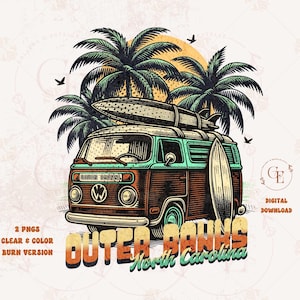May include: A vintage, brown and green Volkswagen van with surfboards on the roof. The van is parked in front of palm trees and a sunset. The text "Outer Banks North Carolina" is written in a retro font below the van.