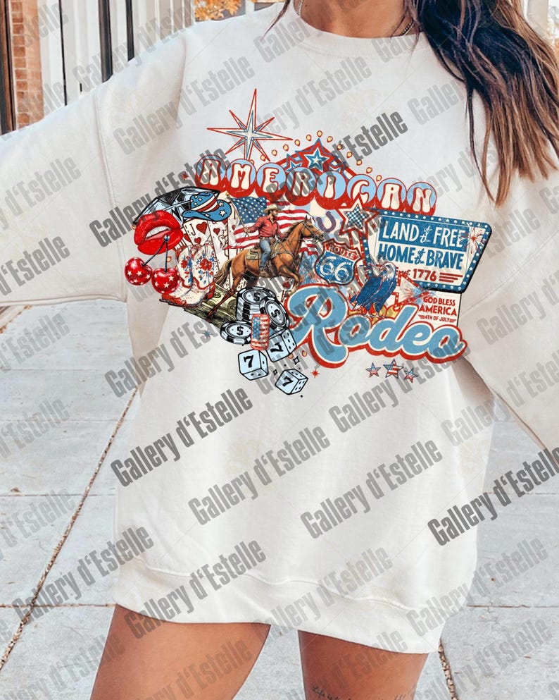 American Rodeo Western Collage PNG, Retro 4th of July Cowboy Casino Shirt Design image 5