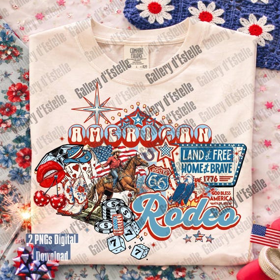 American Rodeo Western Collage PNG, Retro 4th of July Cowboy Casino Shirt Design