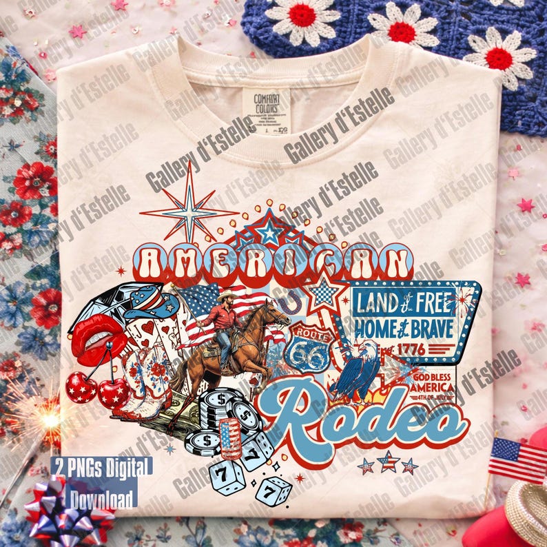 American Rodeo Western Collage PNG, Retro 4th of July Cowboy Casino Shirt Design image 1