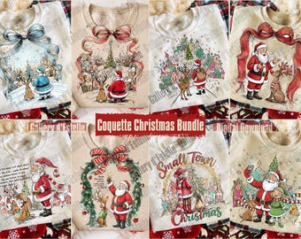 Puede incluir: Colección de camisetas color crema con ilustraciones navideñas. Los diseños incluyen a Papá Noel, renos y escenas invernales. El texto "Coquette Christmas Bundle" es visible. Las camisetas tienen varios diseños de lazo y corona.