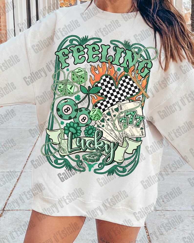Feeling Lucky PNG, Retro Western Casino Collage, Cowboy Rodeo Graphic, Edgy St Patrick’s Day Shirt Design image 5