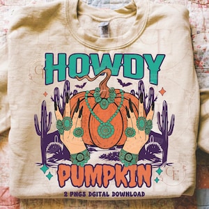Howdy Pumpkin PNG, Spooky Western Fall Graphic, Retro Cowgirl Witch Design, Trendy Country Halloween Shirt Sublimation