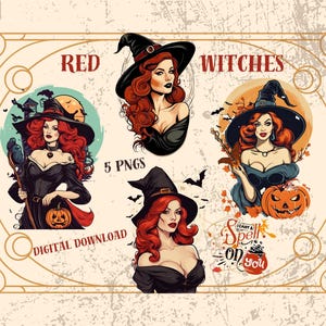 レトロな赤い魔女の PNG バンドル、ビンテージ魔女シーズン クリップアート、かわいいハロウィーン魔女デザイン、レトロな魔女シャツ昇華。