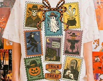 Western Halloween Stamp PNG, Spooky Cowboy Skeleton Pumpkin Collage, Gothic Cowgirl Witch Shirt Design