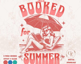 Allemaal geboekt voor zomer png, retro kustboekenliefhebber-afbeelding, leuke zomerse sfeer trendy strandtrip shirtontwerp