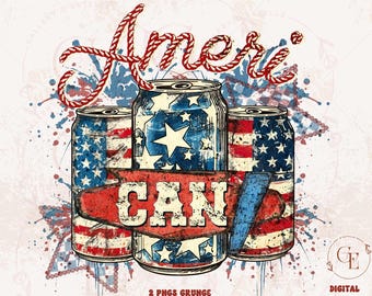 AmeriCan PNG, Retro Checkered 4th of July Graphic, Trendy Independence Day Patriotic Beer Shirt Design