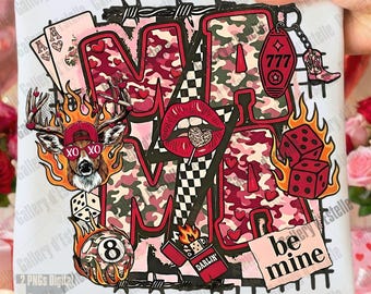 Valentine Mama Camo PNG, Retro Western Collage Graphic, Love Hunting Art, Edgy Be Mine Shirt Design