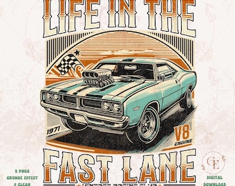 Life in the Fast Lane PNG, Retro Muscle Car Hot Rod Graphic, Checkered Flag Art, Trendy Vintage Racing Club Shirt Design