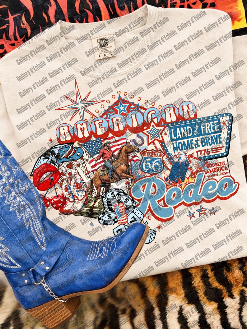 American Rodeo Western Collage PNG, Retro 4th of July Cowboy Casino Shirt Design image 10