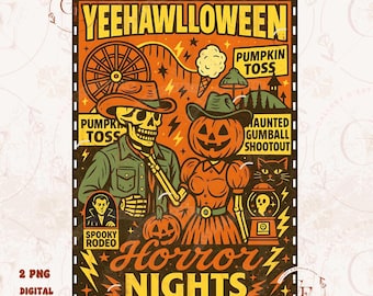 Yeehawlloween Western PNG, Retro Cowboy Skeleton Halloween Design, Spooky Cowgirl Graphic, Horror Country Fall Shirt Sublimation